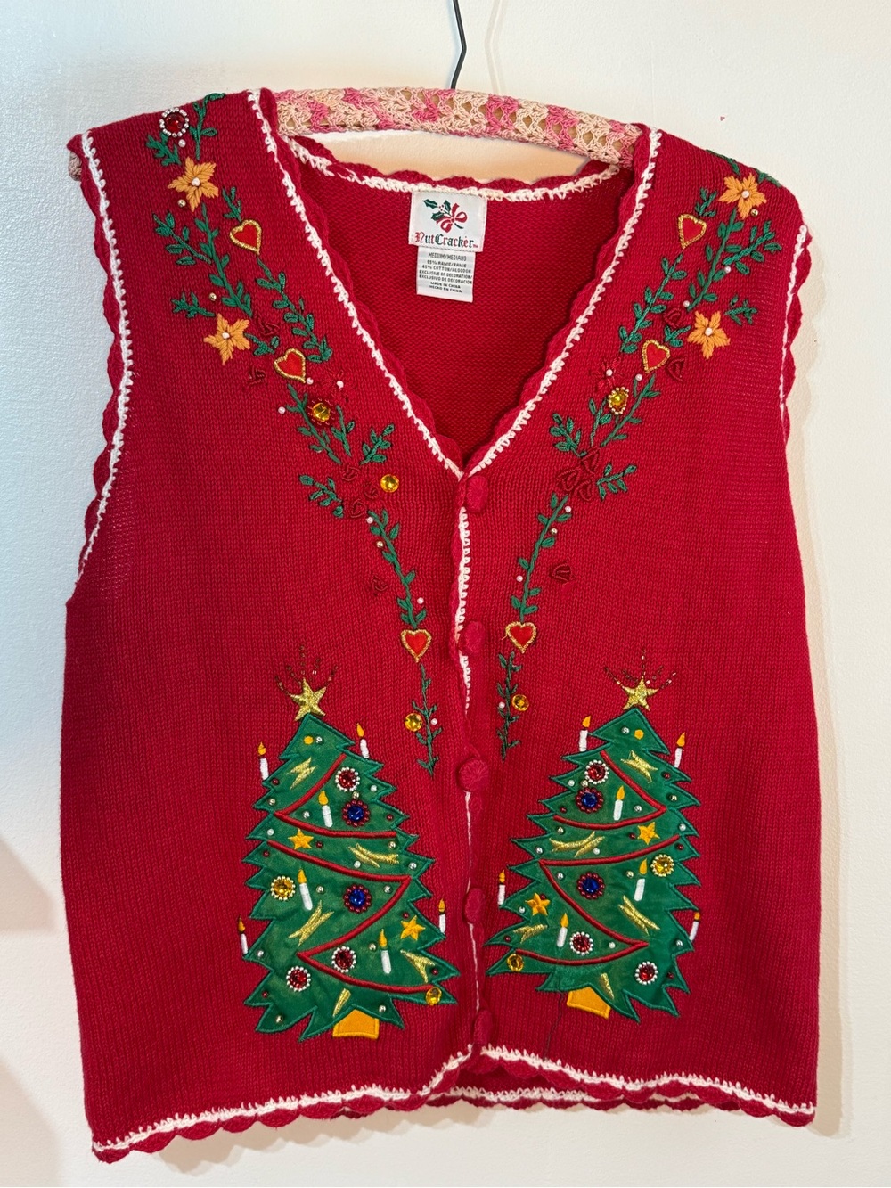 Nutcracker Vest Knit Red Multi Christmas Tree Bead Ornaments V-Neck Buttons Sz M